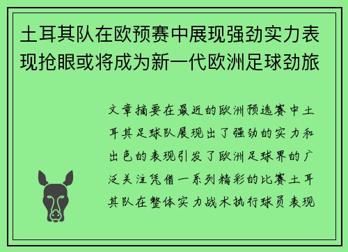 土耳其队在欧预赛中展现强劲实力表现抢眼或将成为新一代欧洲足球劲旅
