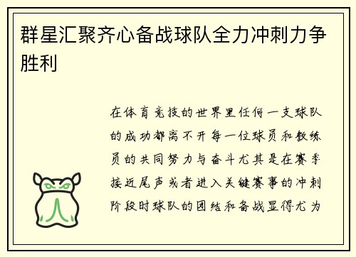 群星汇聚齐心备战球队全力冲刺力争胜利